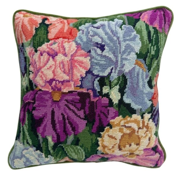 Floral Garden Needlepoint Pillow Zippered Cover with Insert 14.5" Square - Picture 1 of 7